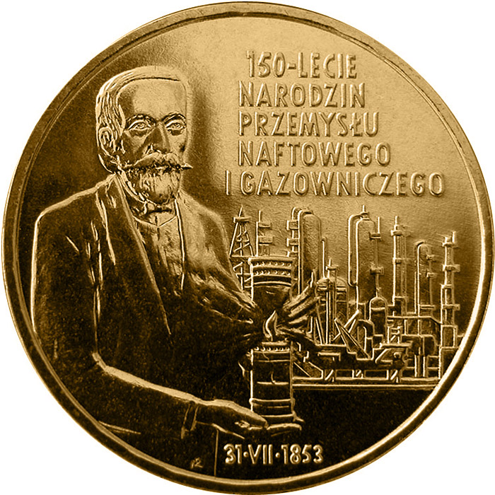 Image of 2 zloty coin - 150th Anniversary of Oil and Gas Industry's Origin  | Poland 2003.  The Nordic gold (CuZnAl) coin is of UNC quality.