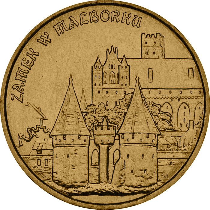 Image of 2 zloty coin - Castle in Malbork  | Poland 2002.  The Nordic gold (CuZnAl) coin is of UNC quality.