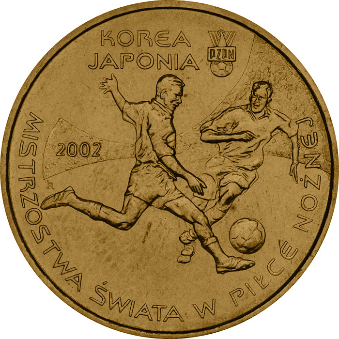 Image of 2 zloty coin - 2002 World Football Cup Korea/Japan  | Poland 2002.  The Nordic gold (CuZnAl) coin is of UNC quality.