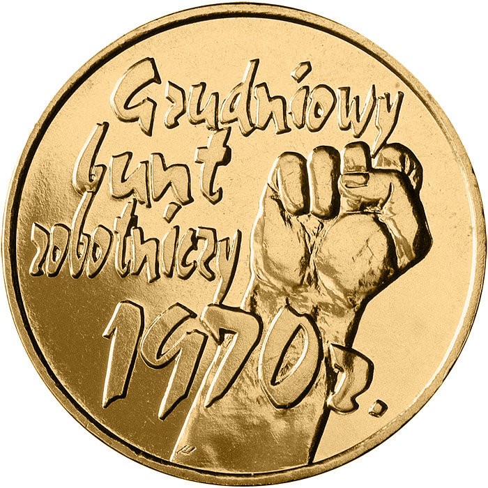 Image of 2 zloty coin - 30th Anniversary of December Events in 1970 | Poland 2000.  The Nordic gold (CuZnAl) coin is of UNC quality.