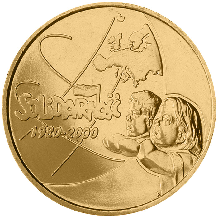 Image of 2 zloty coin - The 20th Anniversary of forming the Solidarity Trade Union  | Poland 2000.  The Nordic gold (CuZnAl) coin is of UNC quality.