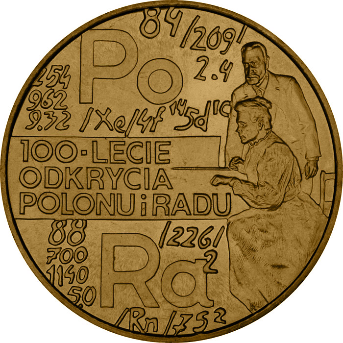 Image of 2 zloty coin - 100th Anniversary of Discovering Polonium and Radium | Poland 1998.  The Nordic gold (CuZnAl) coin is of UNC quality.