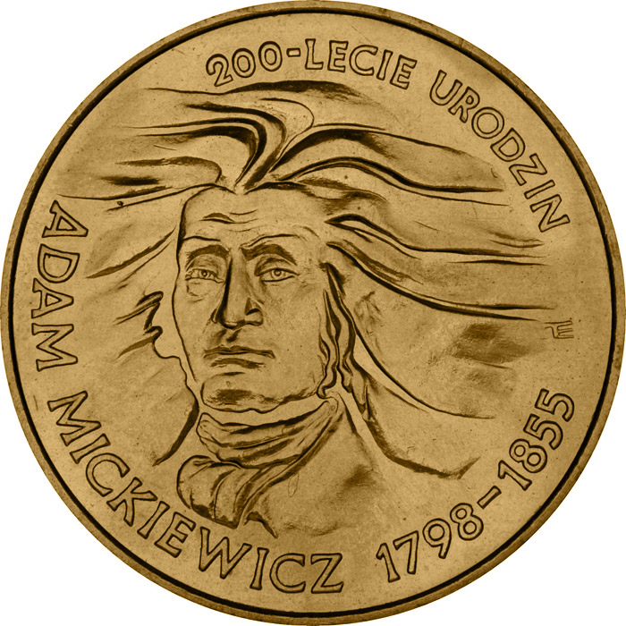 Image of 2 zloty coin - Bicentenary of Adam Miczkiewicz's birth  | Poland 1998.  The Nordic gold (CuZnAl) coin is of UNC quality.
