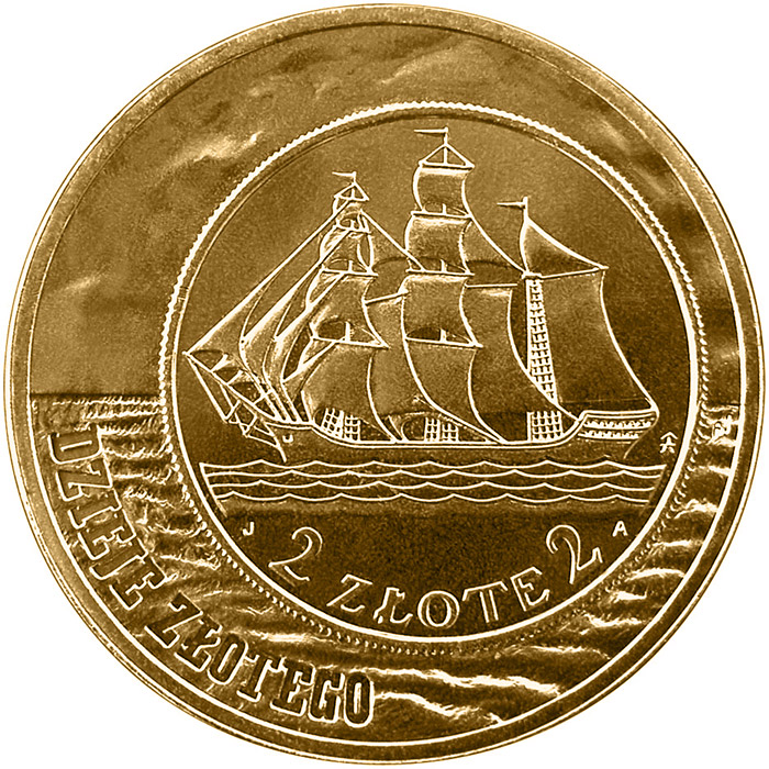 Image of 2 zloty coin - Sailing Vessel - 2 zloty and 5 zloty of 1936 issue  | Poland 2005.  The Nordic gold (CuZnAl) coin is of UNC quality.