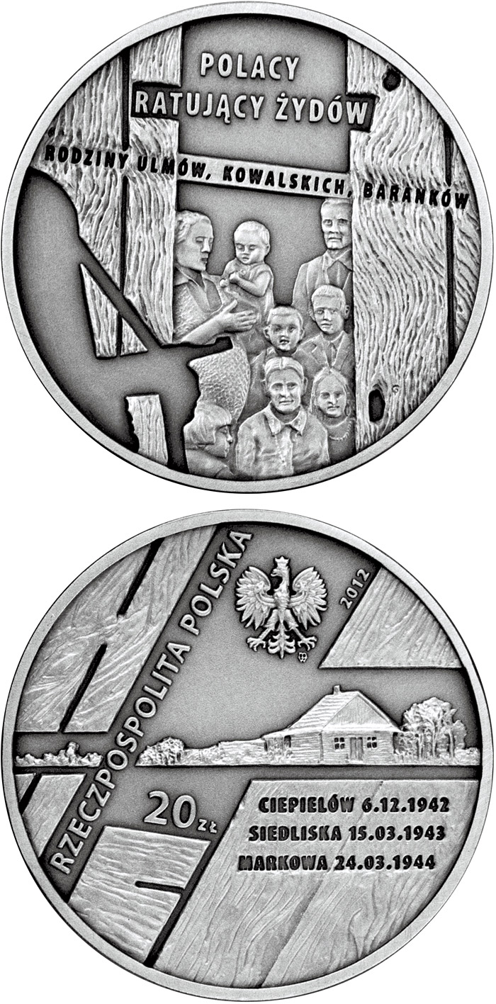 Image of 20 zloty coin - The Ulma, Baranek and Kowalski Families | Poland 2012.  The Silver coin is of Proof quality.