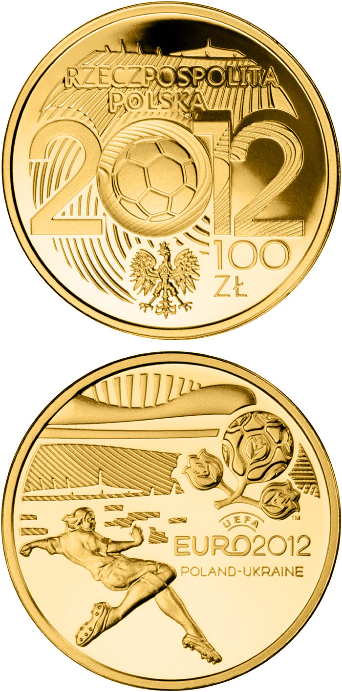 Image of 100 zloty coin - UEFA EURO 2012 | Poland 2012.  The Gold coin is of Proof quality.