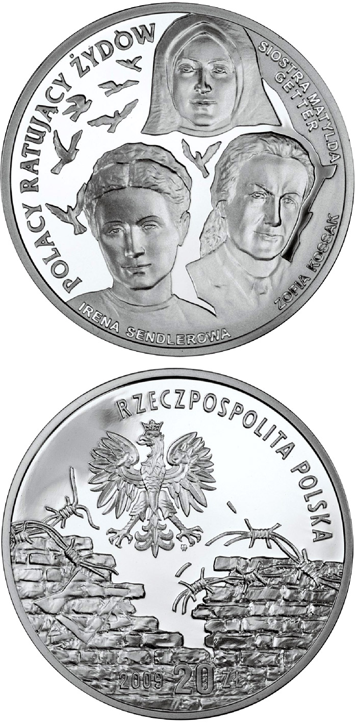 Image of 20 zloty coin - Irena Sendlerowa, Zofia Kossak-Szczucka and Sister Matylda Getter | Poland 2009.  The Silver coin is of Proof quality.