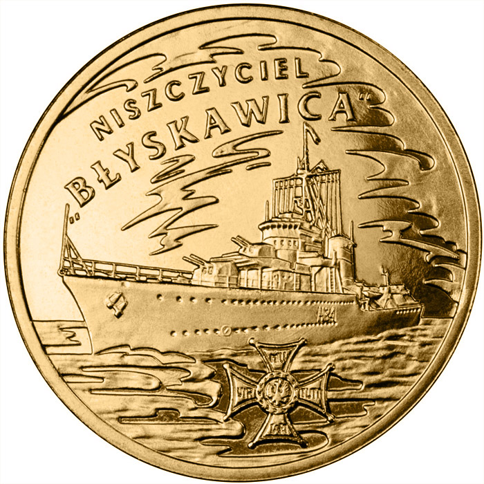 Image of 2 zloty coin - ORP Błyskawica | Poland 2012.  The Nordic gold (CuZnAl) coin is of UNC quality.