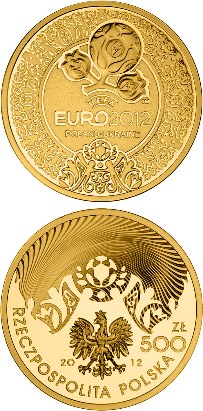 Image of 500 zloty coin - UEFA EURO 2012 | Poland 2012.  The Gold coin is of Proof quality.