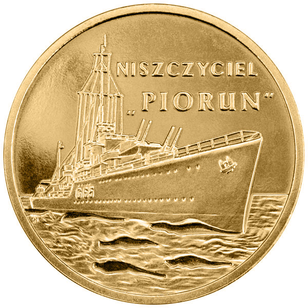 Image of 2 zloty coin - Piorun - Destroyer | Poland 2012.  The Nordic gold (CuZnAl) coin is of UNC quality.