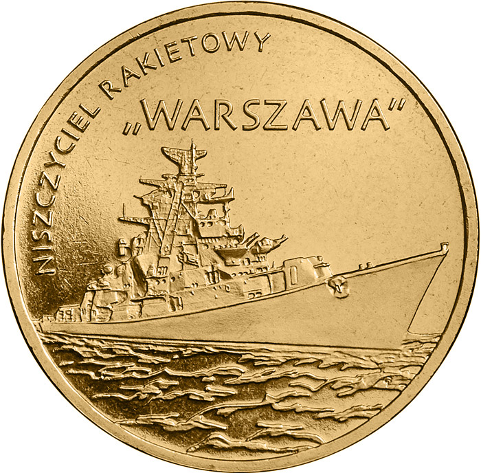 Image of 2 zloty coin - Warszawa Guided-missile Destroyer | Poland 2013.  The Nordic gold (CuZnAl) coin is of UNC quality.
