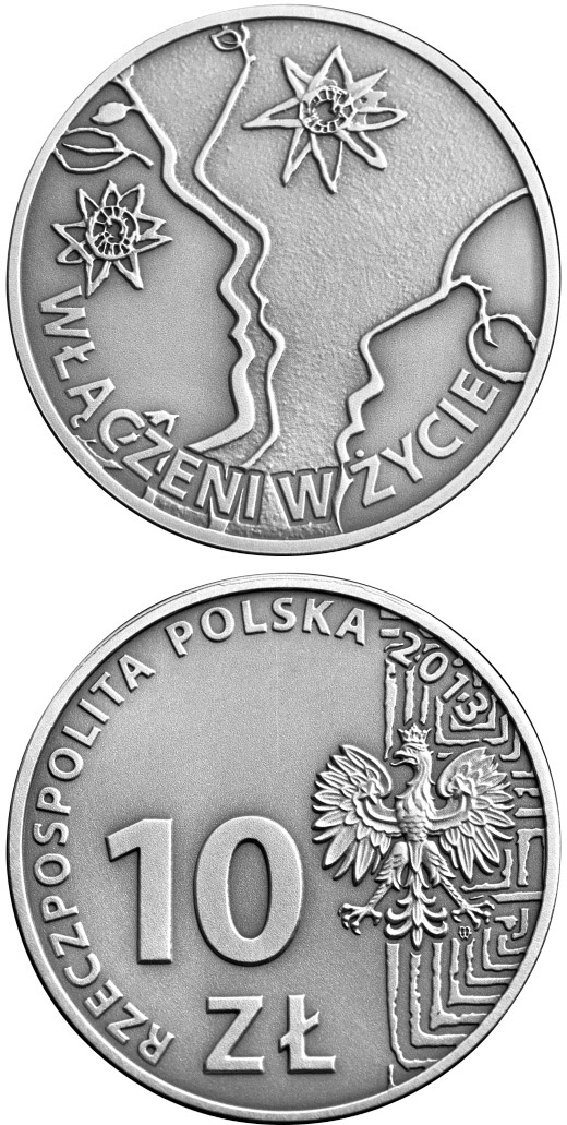 Image of 10 zloty coin - 50th anniversary of the Polish Society for the Mentally Handicapped | Poland 2013.  The Silver coin is of Proof quality.