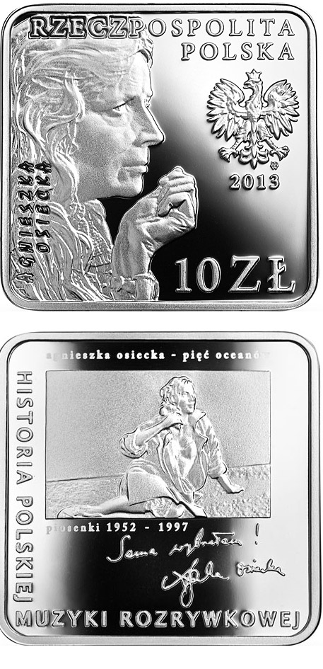 Image of 10 zloty coin - Agnieszka Osiecka  | Poland 2013.  The Silver coin is of Proof quality.