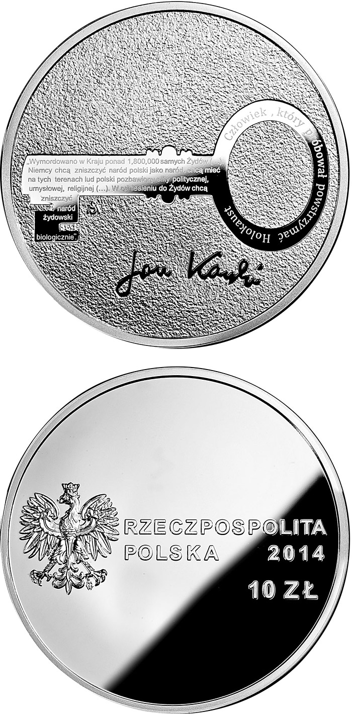 Image of 10 zloty coin - Centenary of the birth of Jan Karski  | Poland 2014.  The Silver coin is of Proof quality.