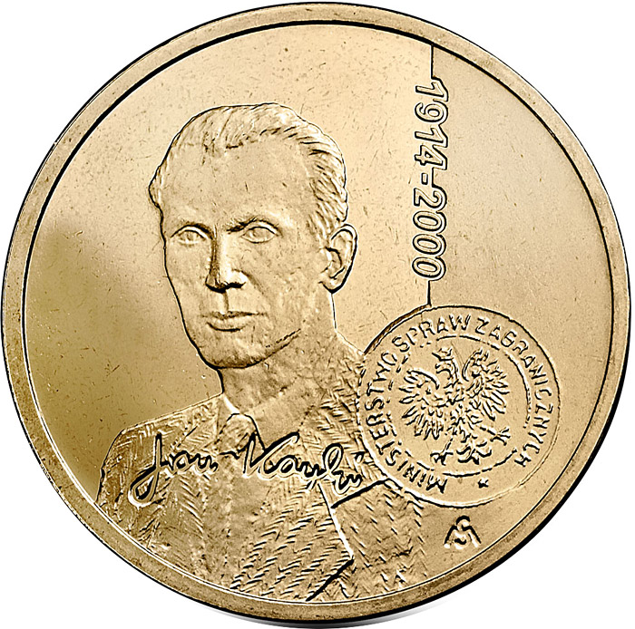 Image of 2 zloty coin - Centenary of the birth of Jan Karski  | Poland 2014.  The Nordic gold (CuZnAl) coin is of UNC quality.