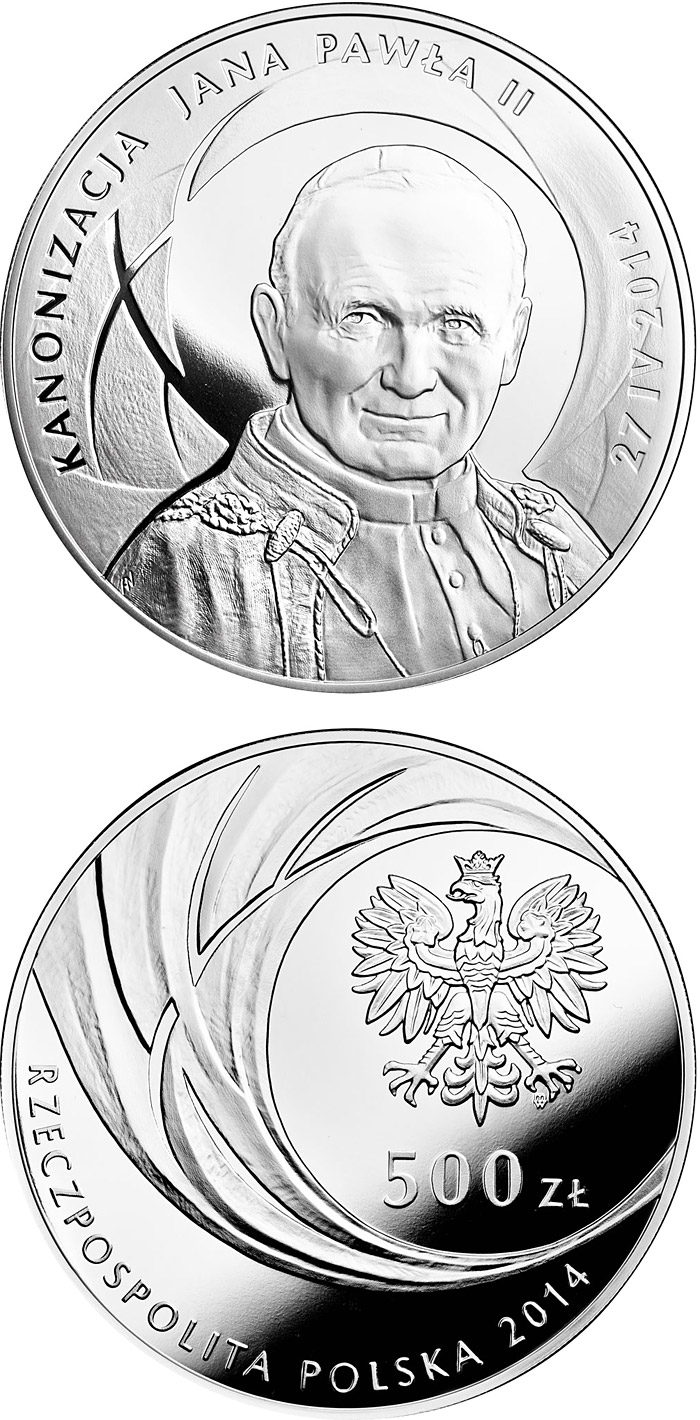 Image of 500 zloty coin - Canonisation of John Paul II, 27 IV 2014 | Poland 2014.  The Silver coin is of Proof quality.