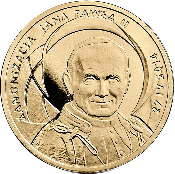 Image of 2 zloty coin - Canonisation of John Paul II, 27 IV 2014 | Poland 2014.  The Nordic gold (CuZnAl) coin is of UNC quality.