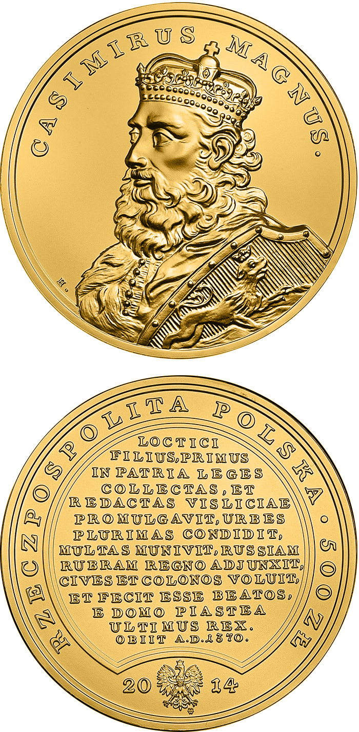 Image of 500 zloty coin - Casimir the Great  | Poland 2014.  The Gold coin is of Proof quality.