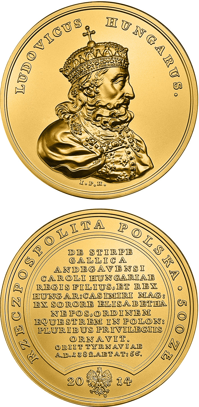 Image of 500 zloty coin - Treasures of King Stanislaw August – Louis the Great  | Poland 2014.  The Gold coin is of BU quality.