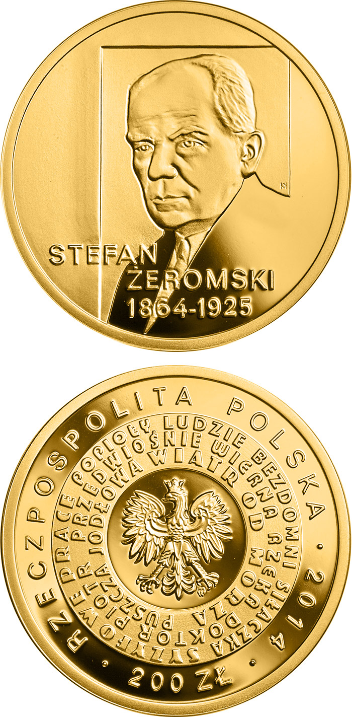 Image of 200 zloty coin - 150th anniversary of the birth of Stefan Żeromski | Poland 2014.  The Gold coin is of Proof quality.