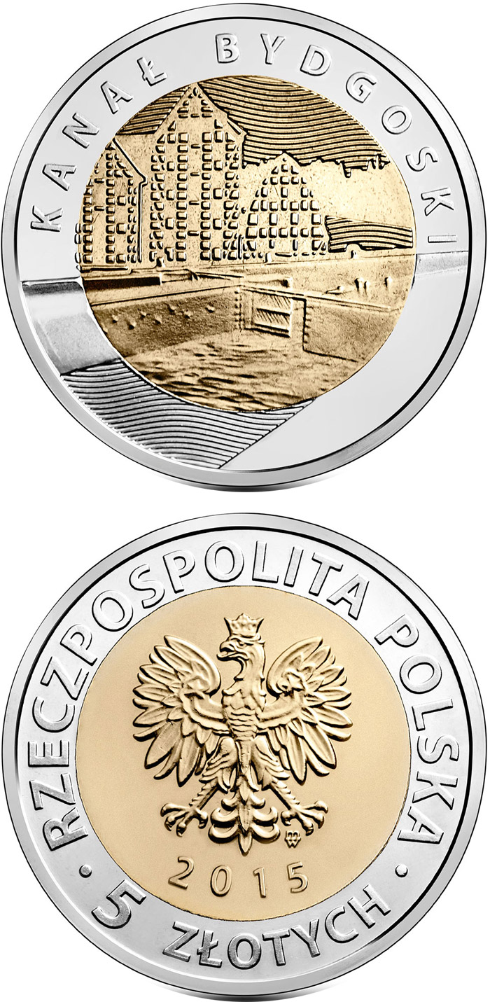 Image of 5 zloty coin - Bydgoszcz Canal  | Poland 2015.  The Bimetal: CuNi, nordic gold coin is of UNC quality.