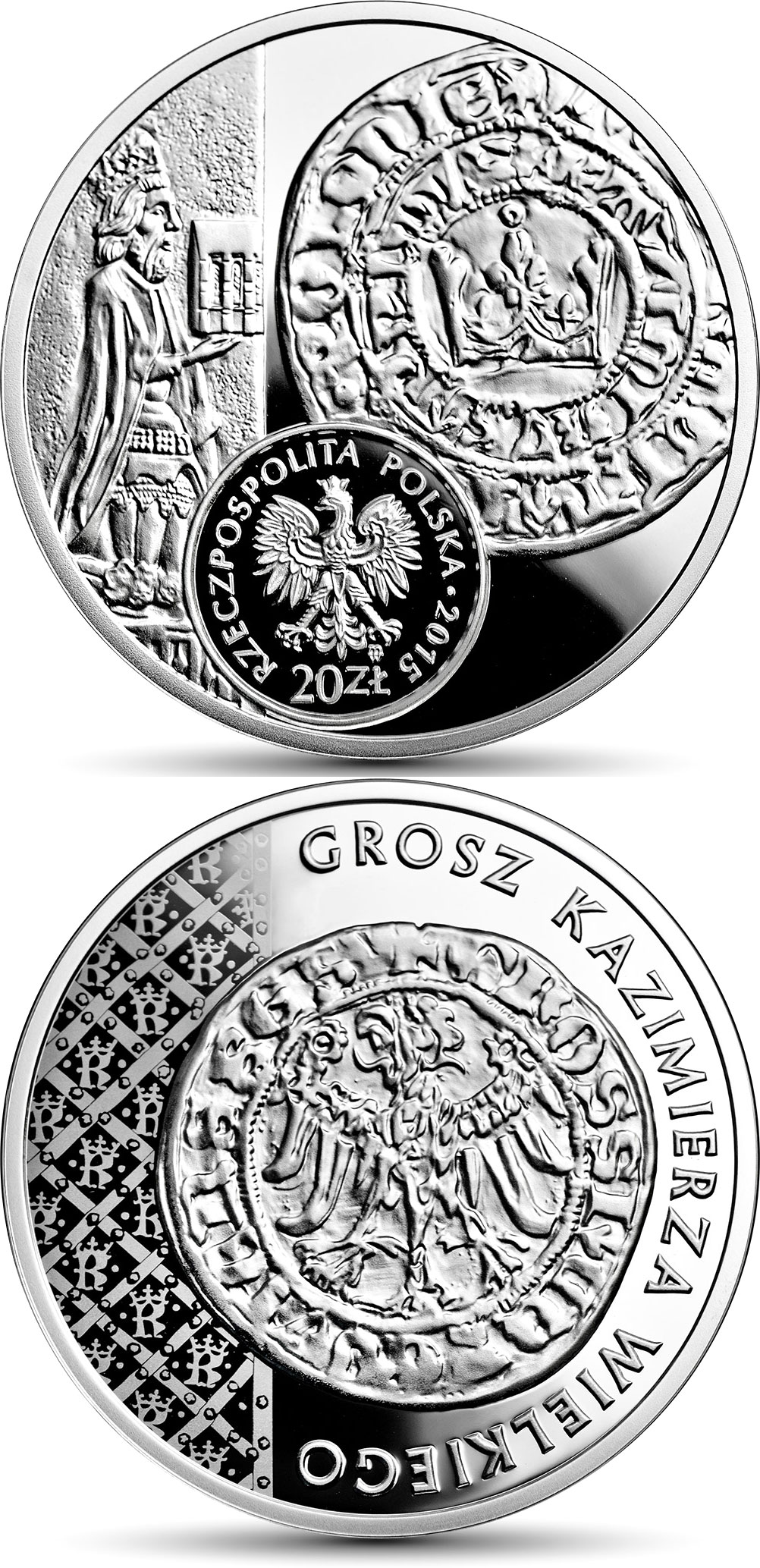 Image of 20 zloty coin - The grosz of Casimir the Great  | Poland 2015.  The Silver coin is of Proof quality.