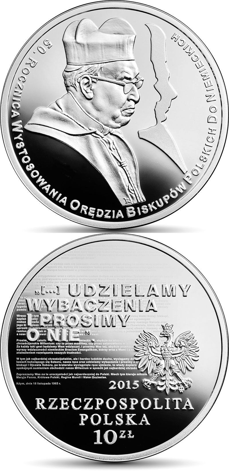 Image of 10 zloty coin - 50th Anniversary of the Letter of Reconciliation
of the Polish Bishops to the German Bishops  | Poland 2015.  The Silver coin is of Proof quality.