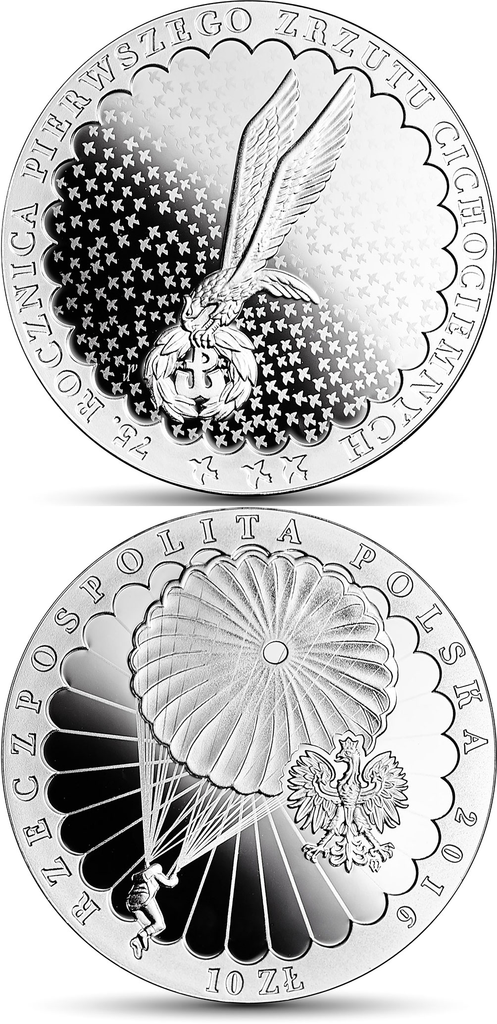 Image of 10 zloty coin -  75th Anniversary of the First Drop of the Cichociemni Paratroopers  | Poland 2016.  The Silver coin is of Proof quality.