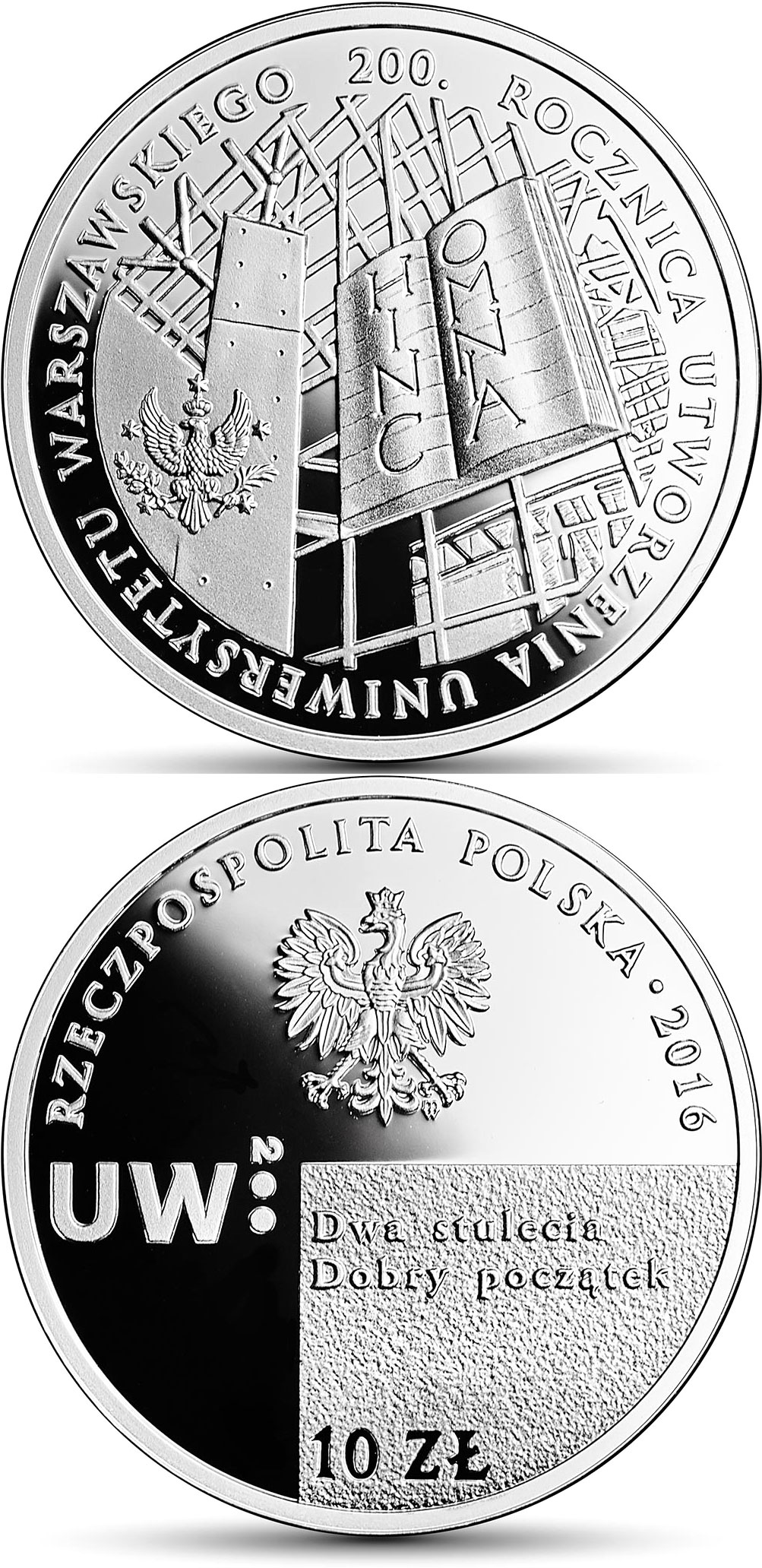 Image of 10 zloty coin - 200th Anniversary of the Establishment of the University of Warsaw | Poland 2016.  The Silver coin is of Proof quality.