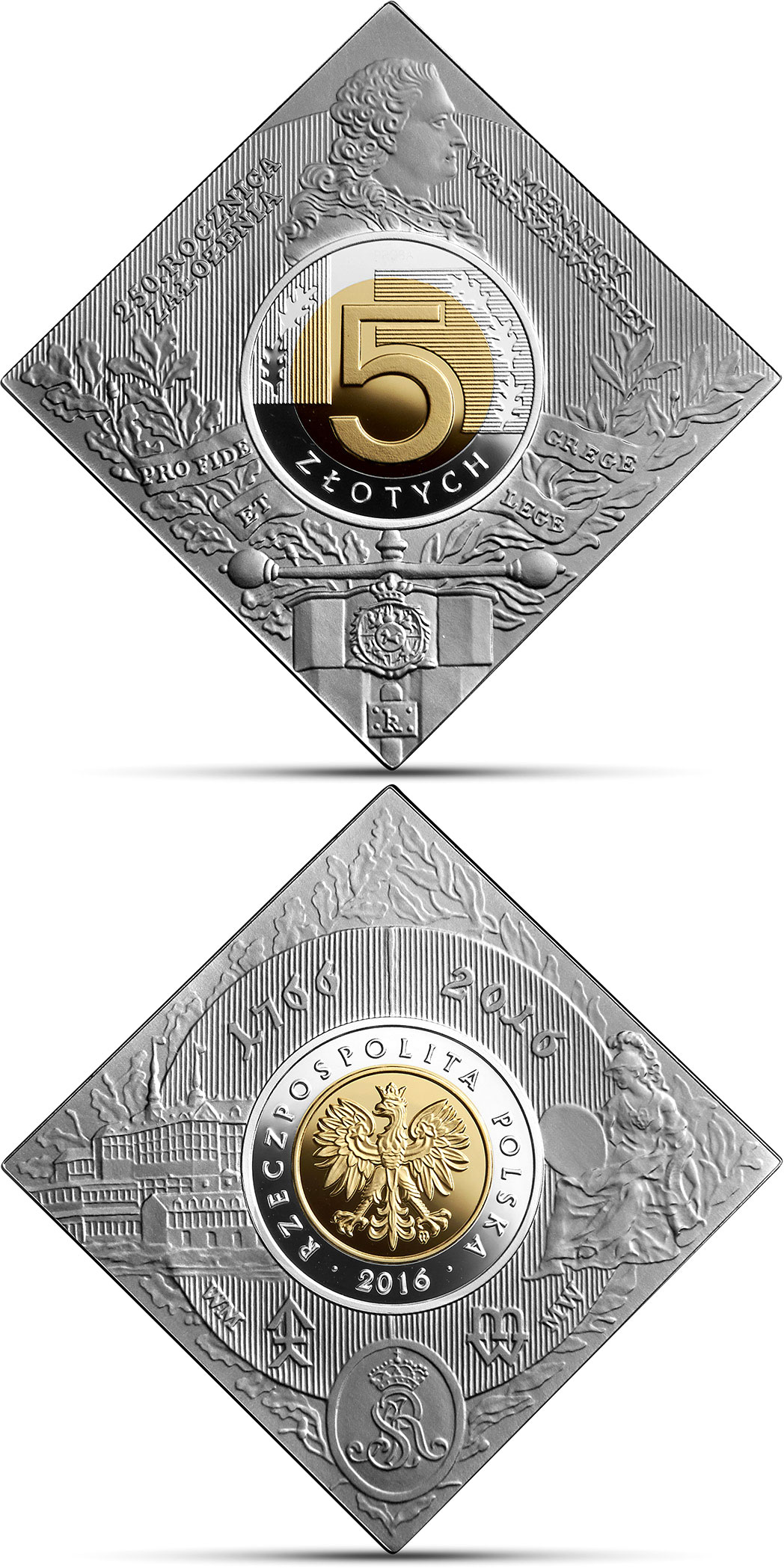 Image of 5 zloty coin - 250th Anniversary of the Foundation of the Warsaw Mint  | Poland 2016.  The Silver coin is of Proof quality.