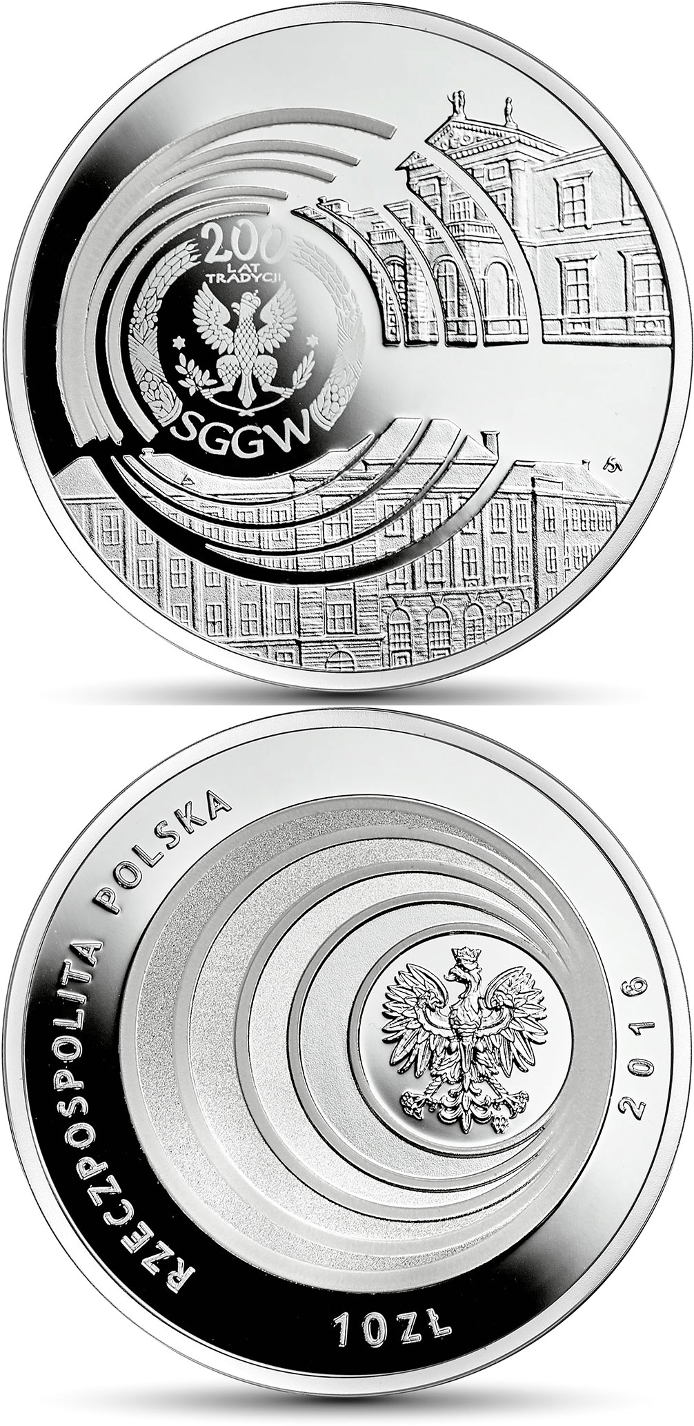 Image of 10 zloty coin - Bicentenary of the Warsaw University of Life Sciences – SGGW | Poland 2016.  The Silver coin is of Proof quality.