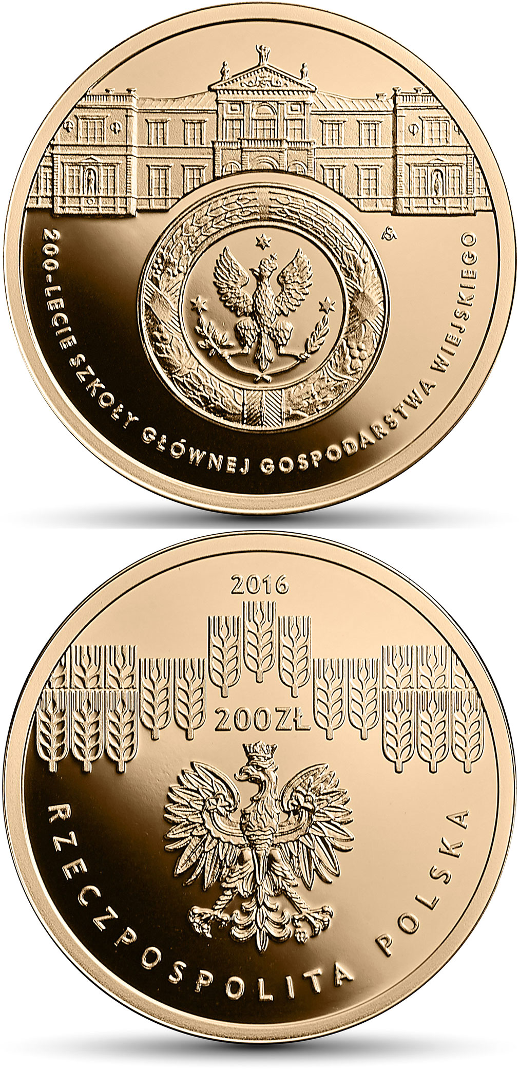 Image of 200 zloty coin - Bicentenary of the Warsaw University of Life Sciences – SGGW | Poland 2016.  The Gold coin is of Proof quality.