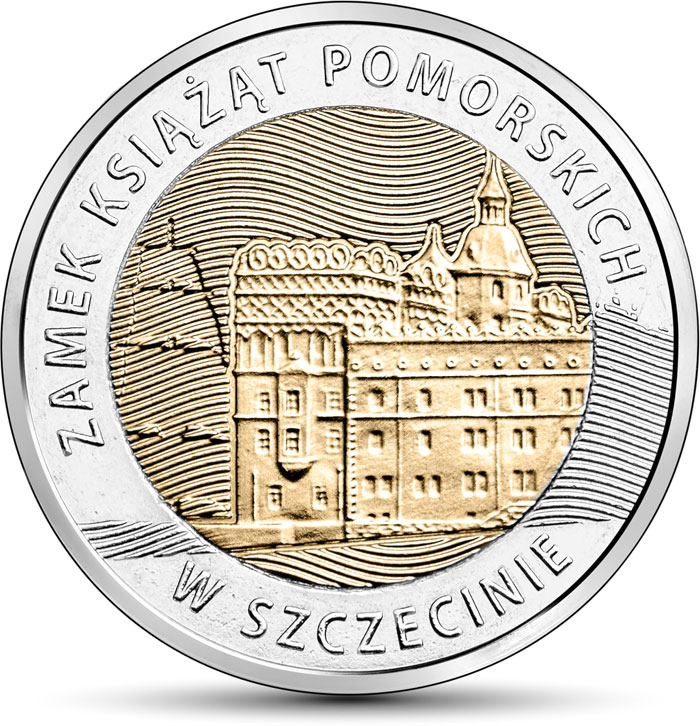 Image of 5 zloty coin - Pomeranian Dukes’ Castle in Szczecin  | Poland 2016.  The Bimetal: CuNi, nordic gold coin is of UNC quality.