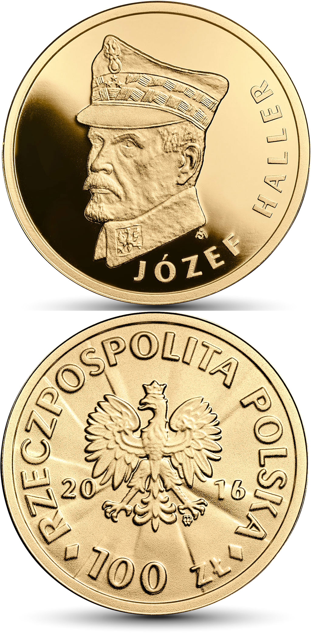 Image of 100 zloty coin - 100th Anniversary of Regaining Independence by Poland – Józef Haller | Poland 2016.  The Gold coin is of Proof quality.