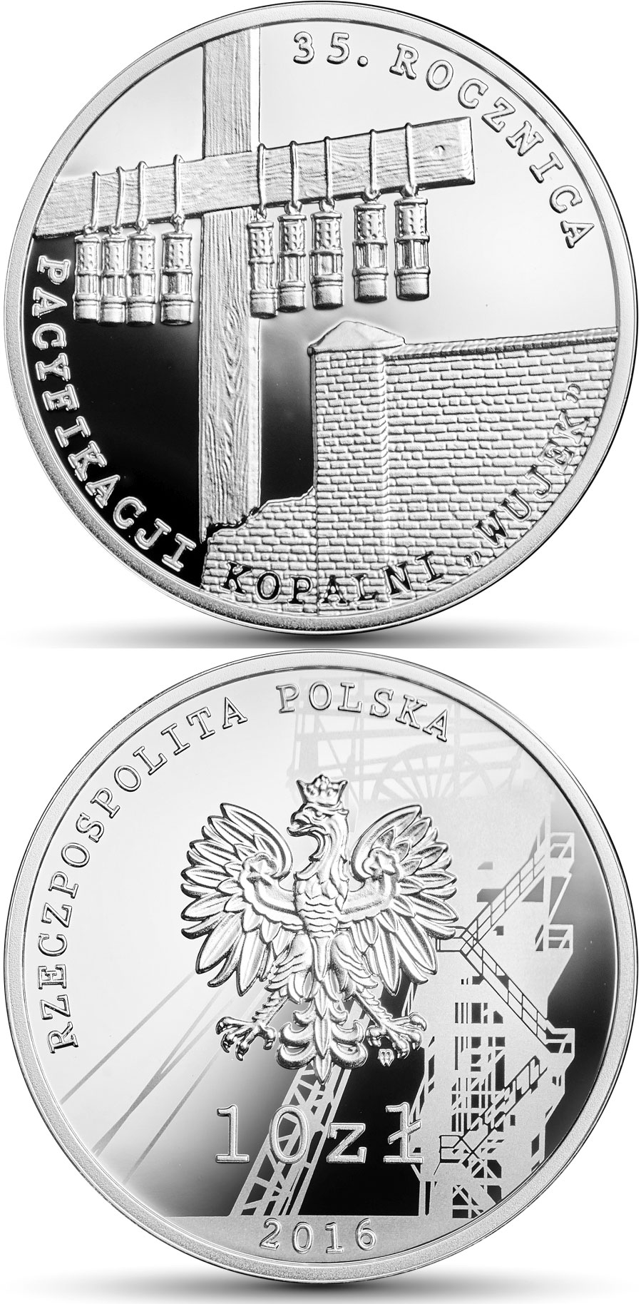 Image of 10 zloty coin - The 35th anniversary of the pacification of the „Wujek” Coal Mine  | Poland 2016.  The Silver coin is of Proof quality.