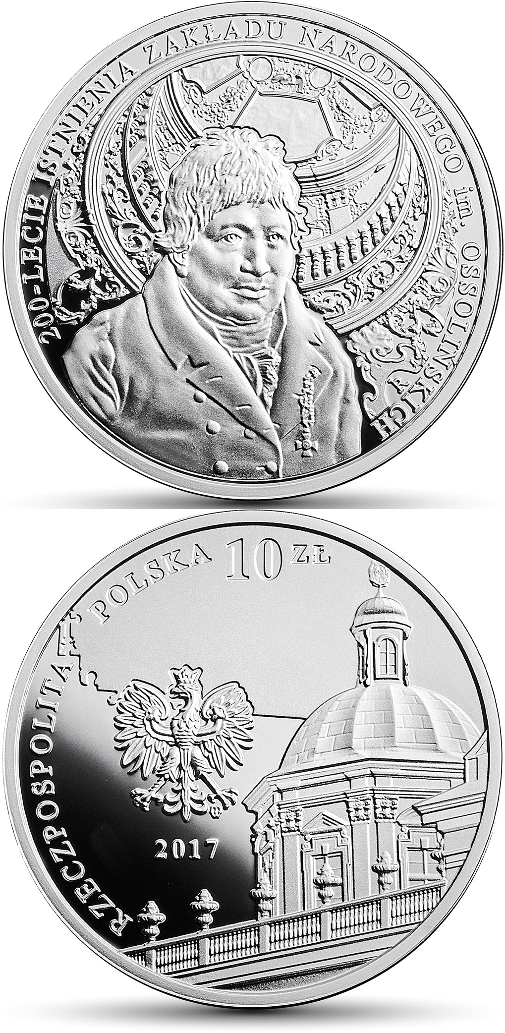 Image of 10 zloty coin - 200th Anniversary of the Ossoliński National Institute | Poland 2017.  The Silver coin is of Proof quality.
