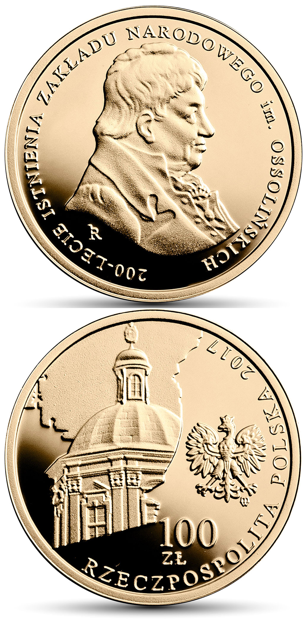 Image of 100 zloty coin - 200th Anniversary of the Ossoliński National Institute | Poland 2017.  The Gold coin is of Proof quality.