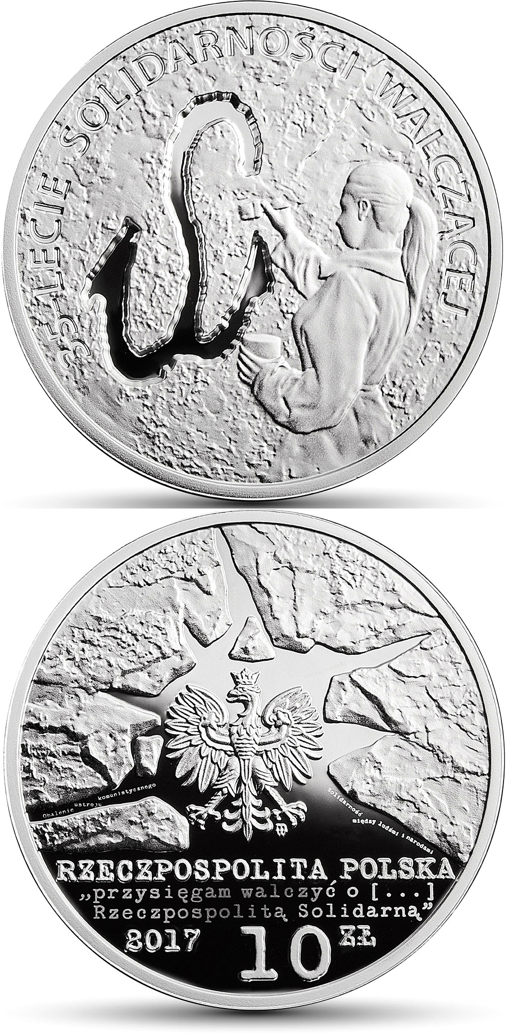 Image of 10 zloty coin - 35th Anniversary of Fighting Solidarity  | Poland 2017.  The Silver coin is of Proof quality.