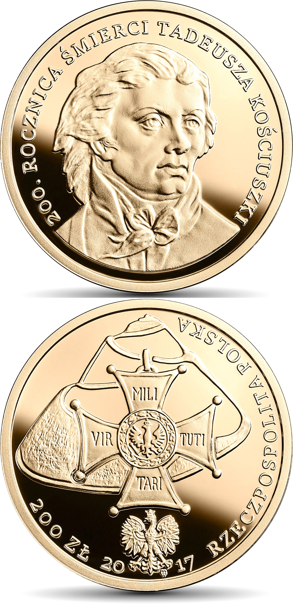 Image of 200 zloty coin - 200th Anniversary of the Death of Tadeusz Kościuszko | Poland 2017.  The Gold coin is of Proof quality.