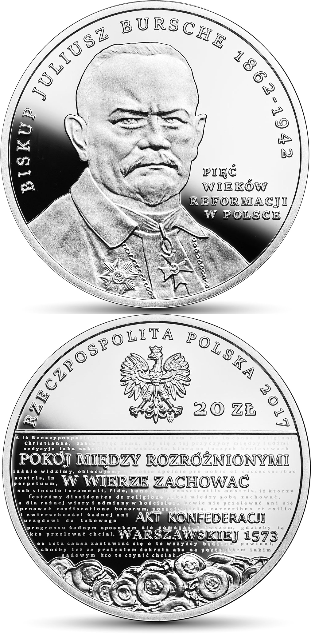 Image of 20 zloty coin - Five Centuries of the Reformation in Poland  | Poland 2017.  The Silver coin is of Proof quality.
