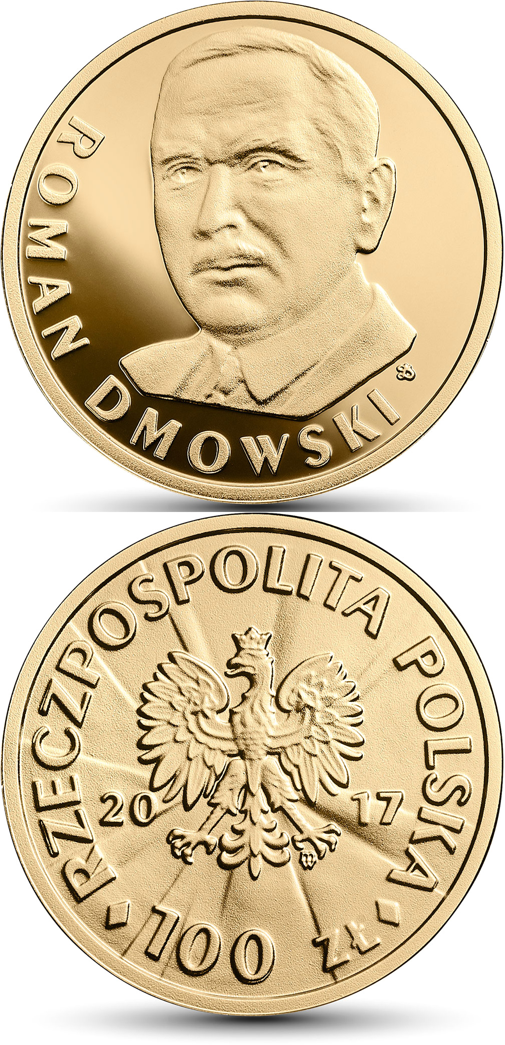 Image of 100 zloty coin - 100th Anniversary of Regaining Independence by Poland – Roman Dmowski | Poland 2017.  The Gold coin is of Proof quality.