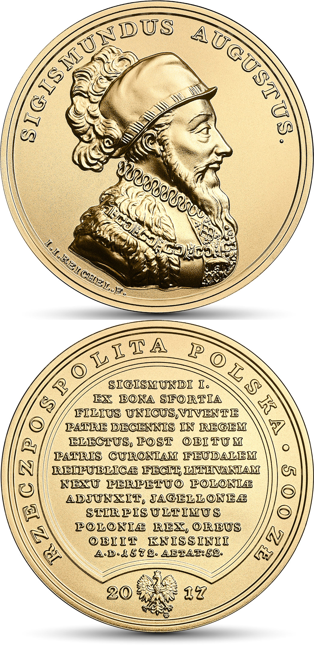 Image of 500 zloty coin - Sigismund Augustus | Poland 2017.  The Gold coin is of BU quality.