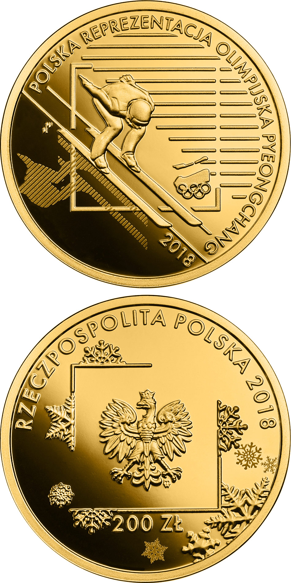 Image of 200 zloty coin - Polish Olympic Team – PyeongChang 2018 | Poland 2018.  The Gold coin is of Proof quality.