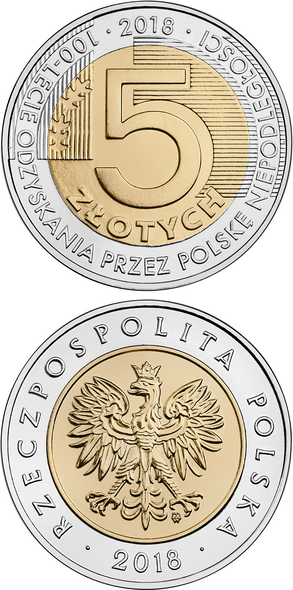 Image of 5 zloty coin - 100th Anniversary of Regaining Independence by Poland | Poland 2018.  The Bimetal: CuNi, nordic gold coin is of UNC quality.