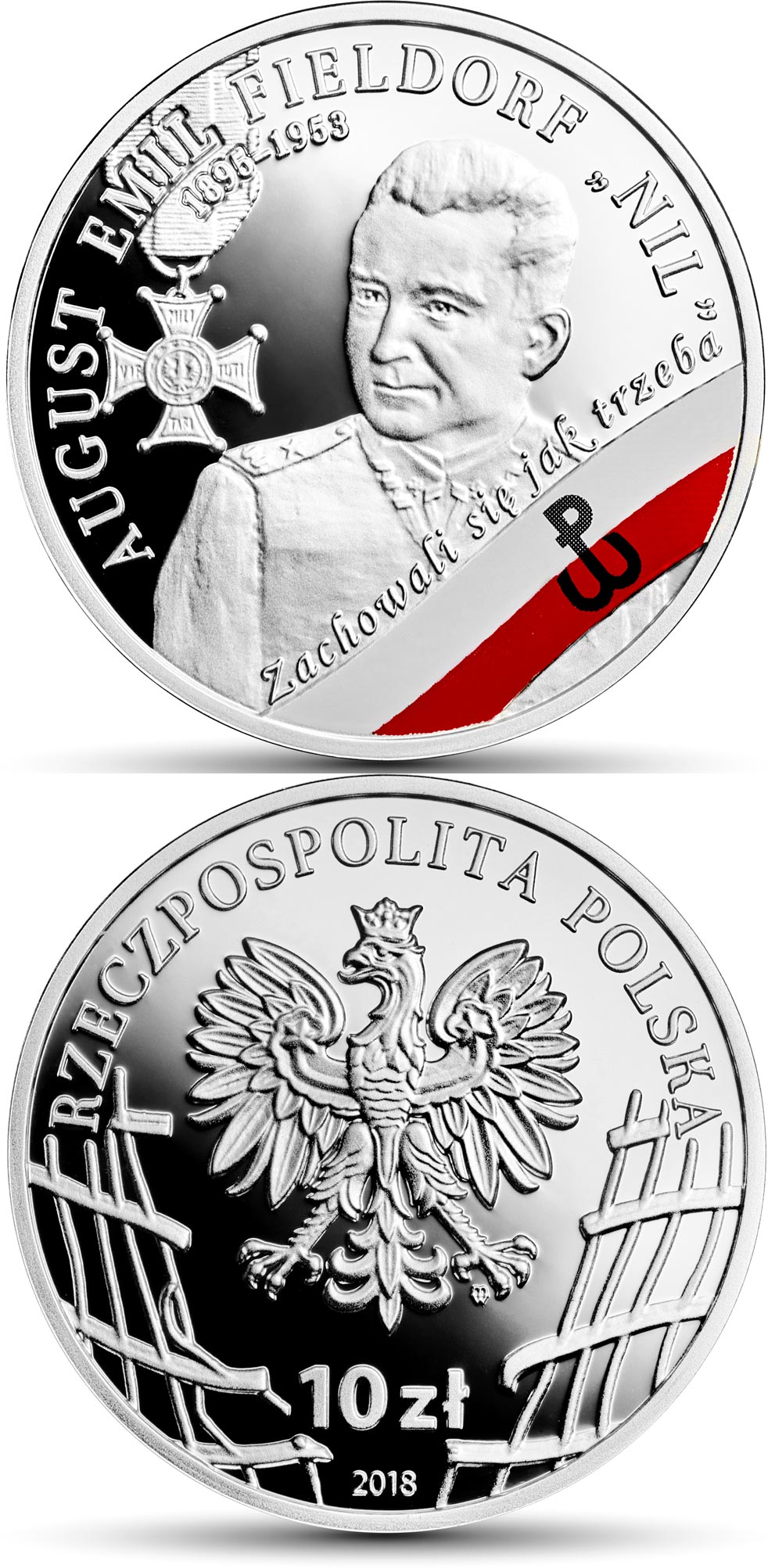 Image of 10 zloty coin - August Emil Fieldorf alias Nil | Poland 2018.  The Silver coin is of Proof quality.