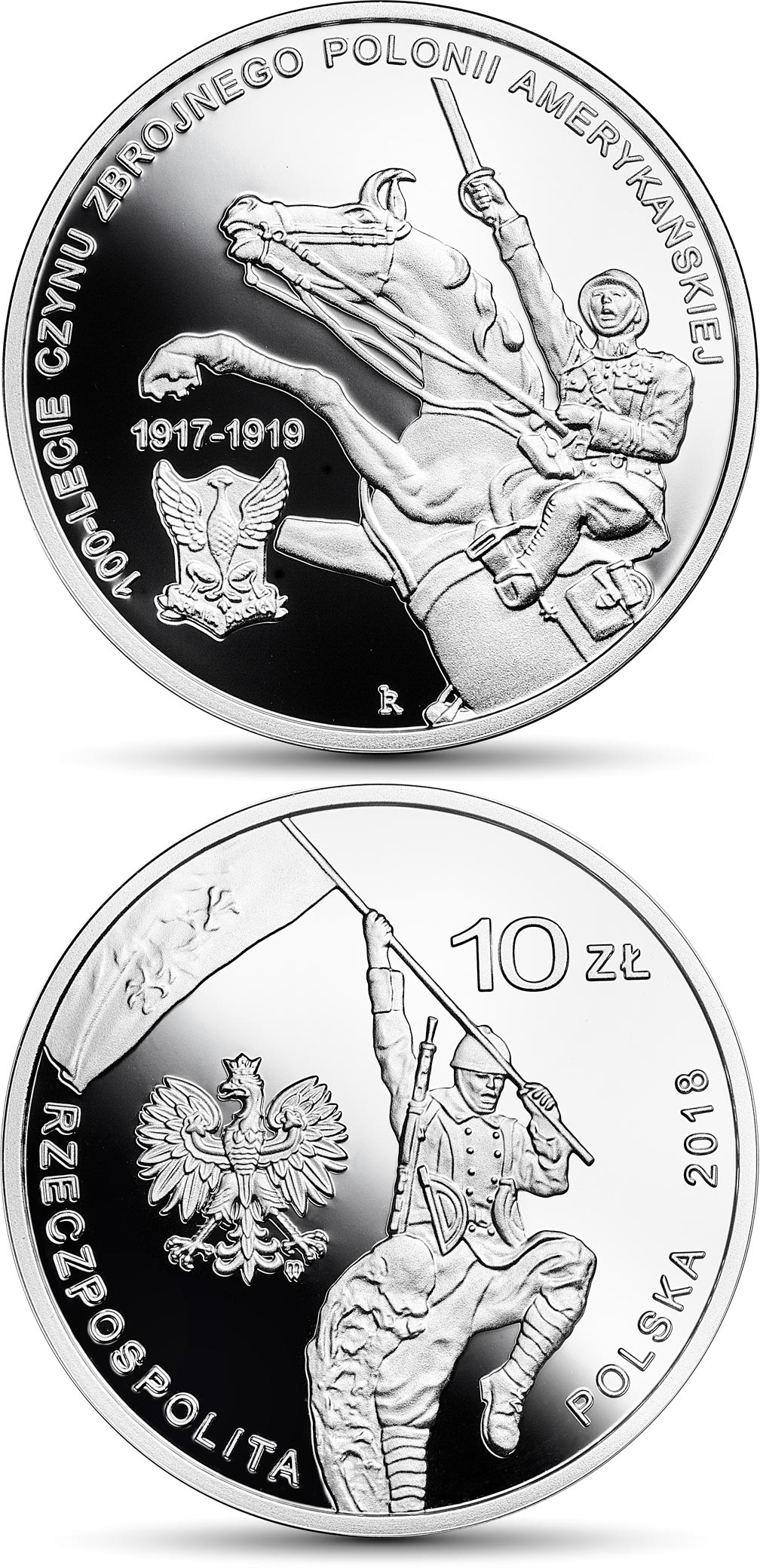 Image of 10 zloty coin - 100th Anniversary of the Military Effort of Polish Americans | Poland 2018.  The Silver coin is of Proof quality.