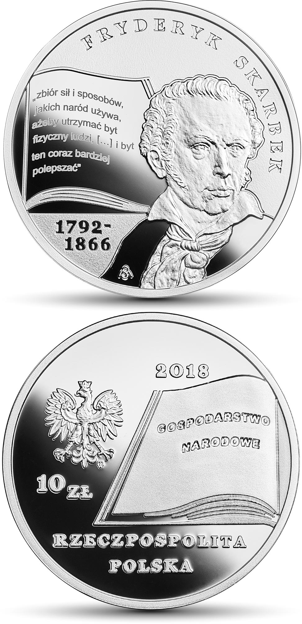 Image of 10 zloty coin - Fryderyk Skarbek | Poland 2018.  The Silver coin is of Proof quality.