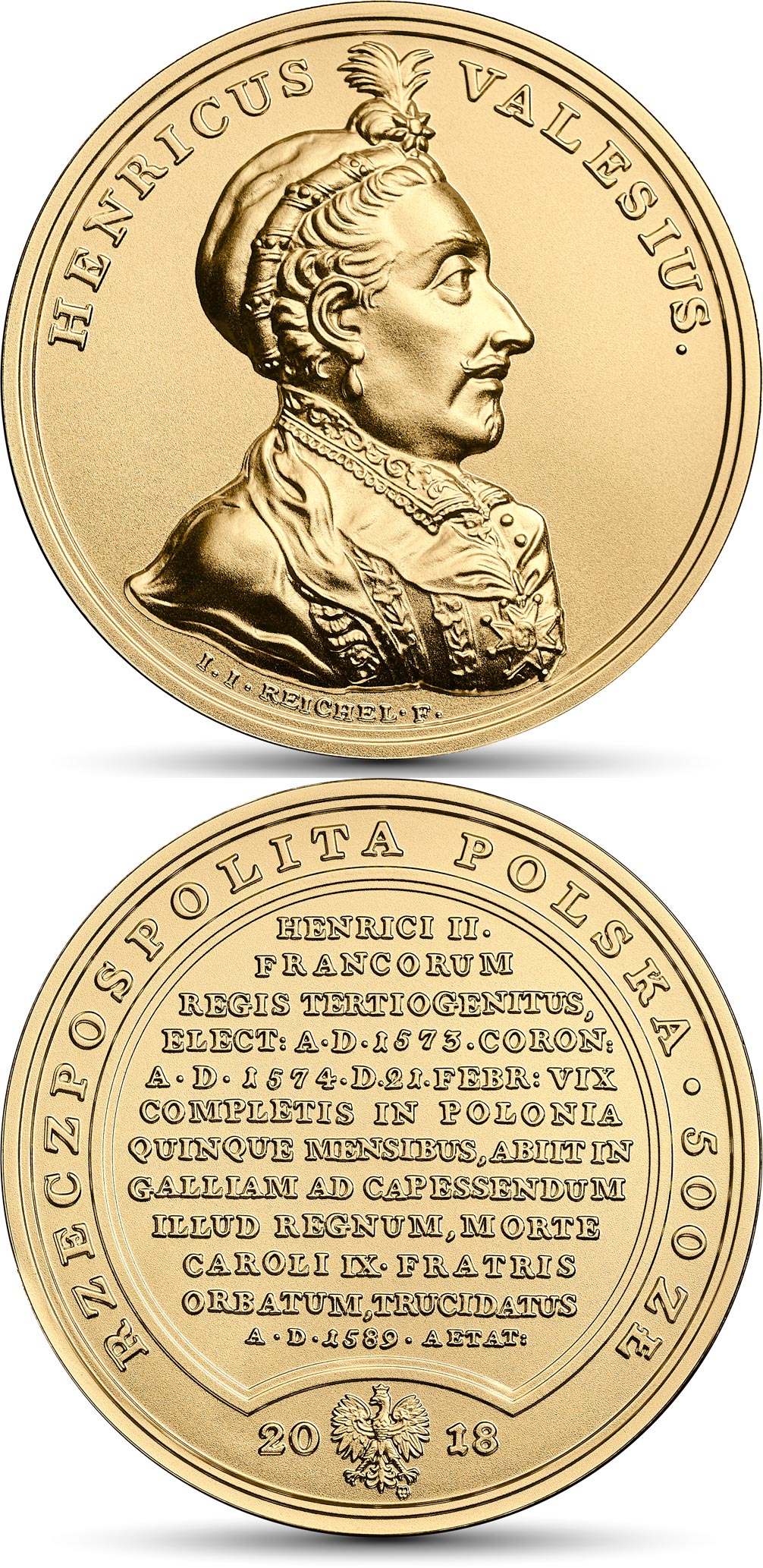 Image of 500 zloty coin - Henry Valois | Poland 2018.  The Gold coin is of BU quality.