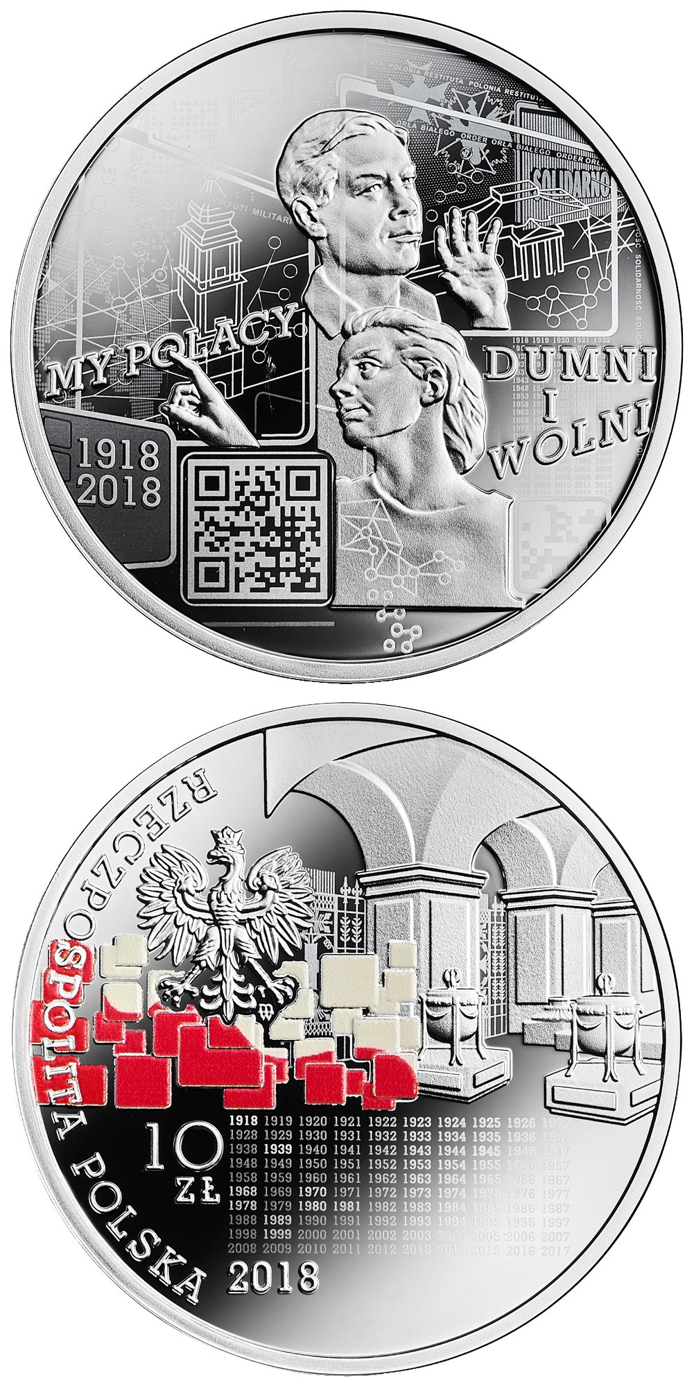 Image of 10 zloty coin - We Poles, proud and free: 1918-2018 | Poland 2018.  The Silver coin is of Proof quality.
