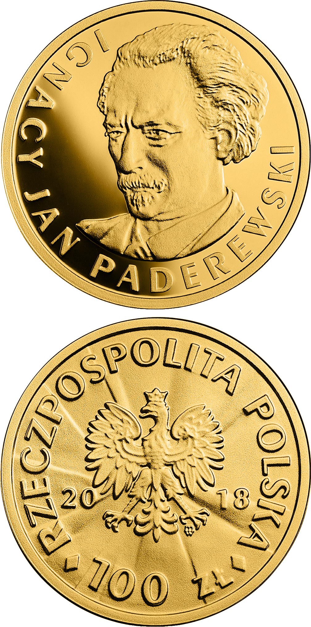 Image of 100 zloty coin - 100th Anniversary of Regaining Independence by Poland – Ignacy Jan Paderewski | Poland 2018.  The Gold coin is of Proof quality.